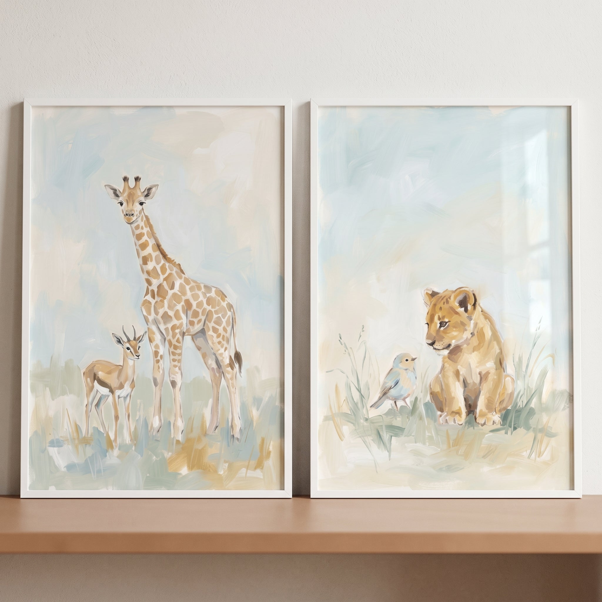 Dreamy Watercolor Safari Animals Wall Art Set Of 2 - Savanna Friends