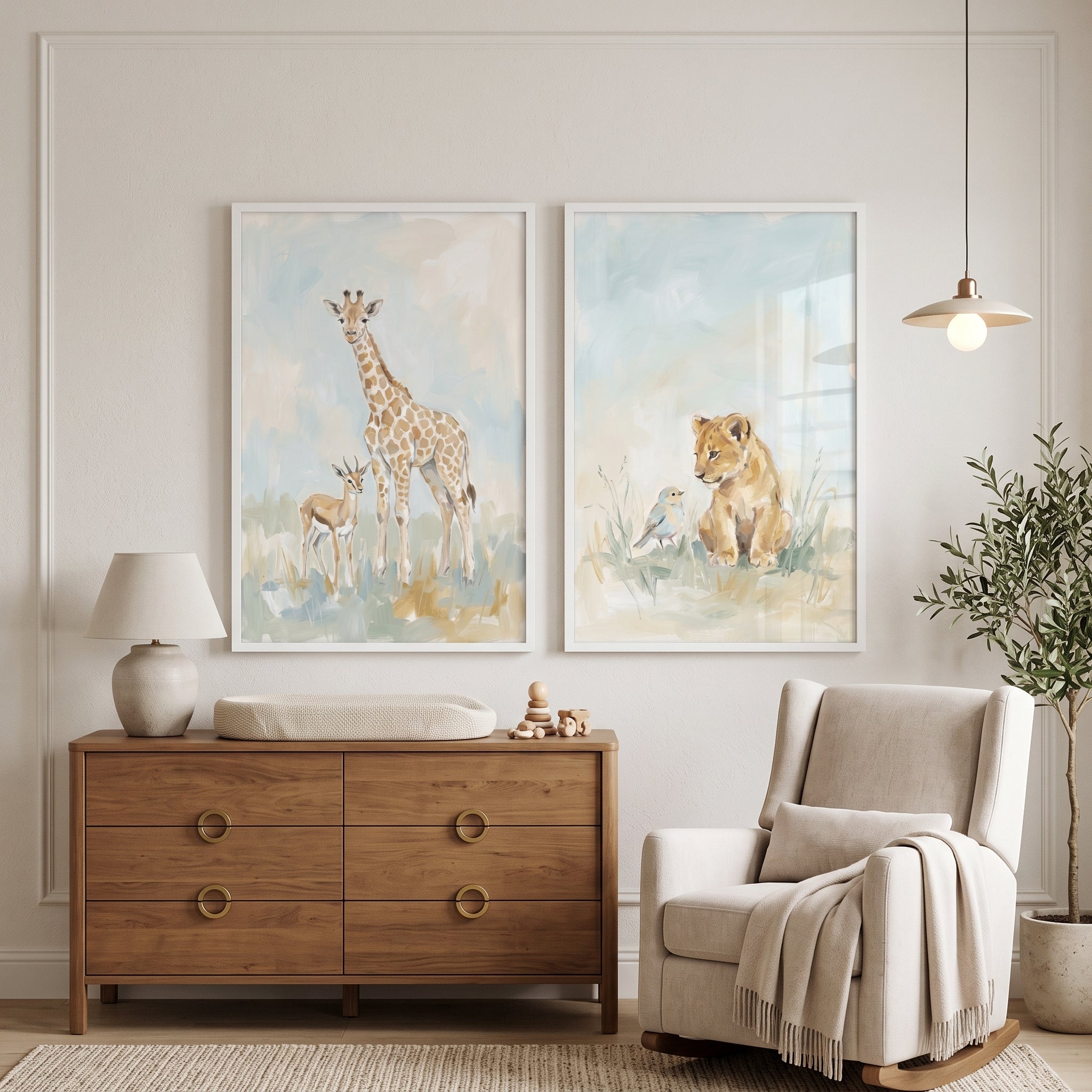 Dreamy Watercolor Safari Animals Wall Art Set Of 2 - Savanna Friends