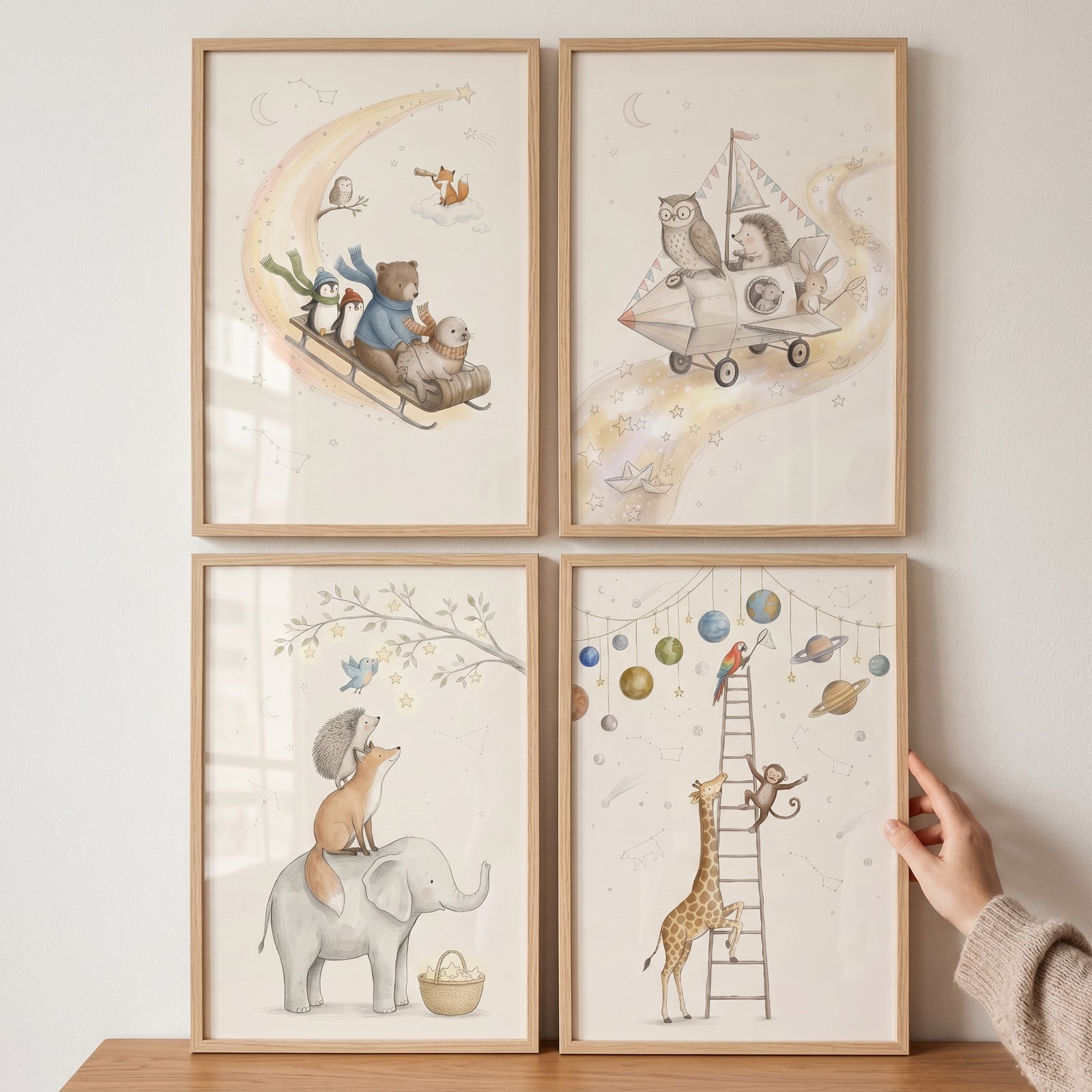 Dreamy watercolor whimsical animals wall art set of 4 features assorted creatures in magical sky and outer space scenes.