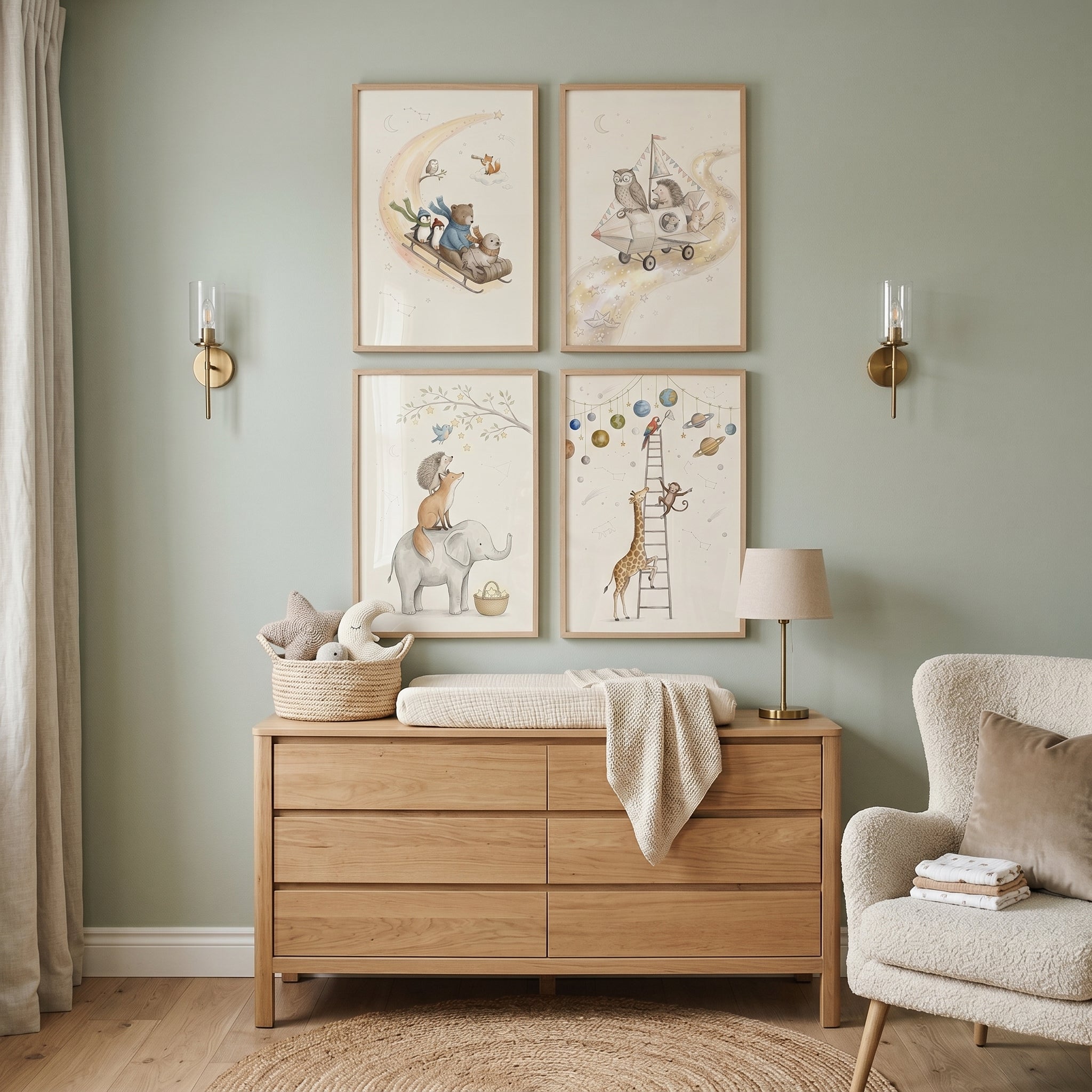 Dreamy Watercolor Whimsical Animals Wall Art Set of 4 - Whimsical Starry Dreams