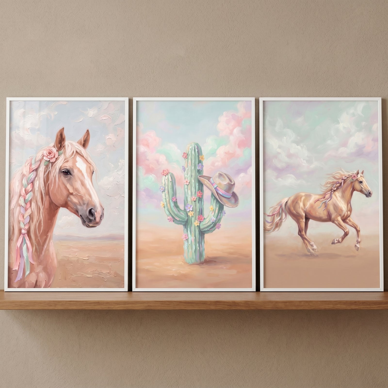 Dreamy whimsical cowgirl wall art set of 3 featuring horses and a flowered cactus in soft pastel colors.