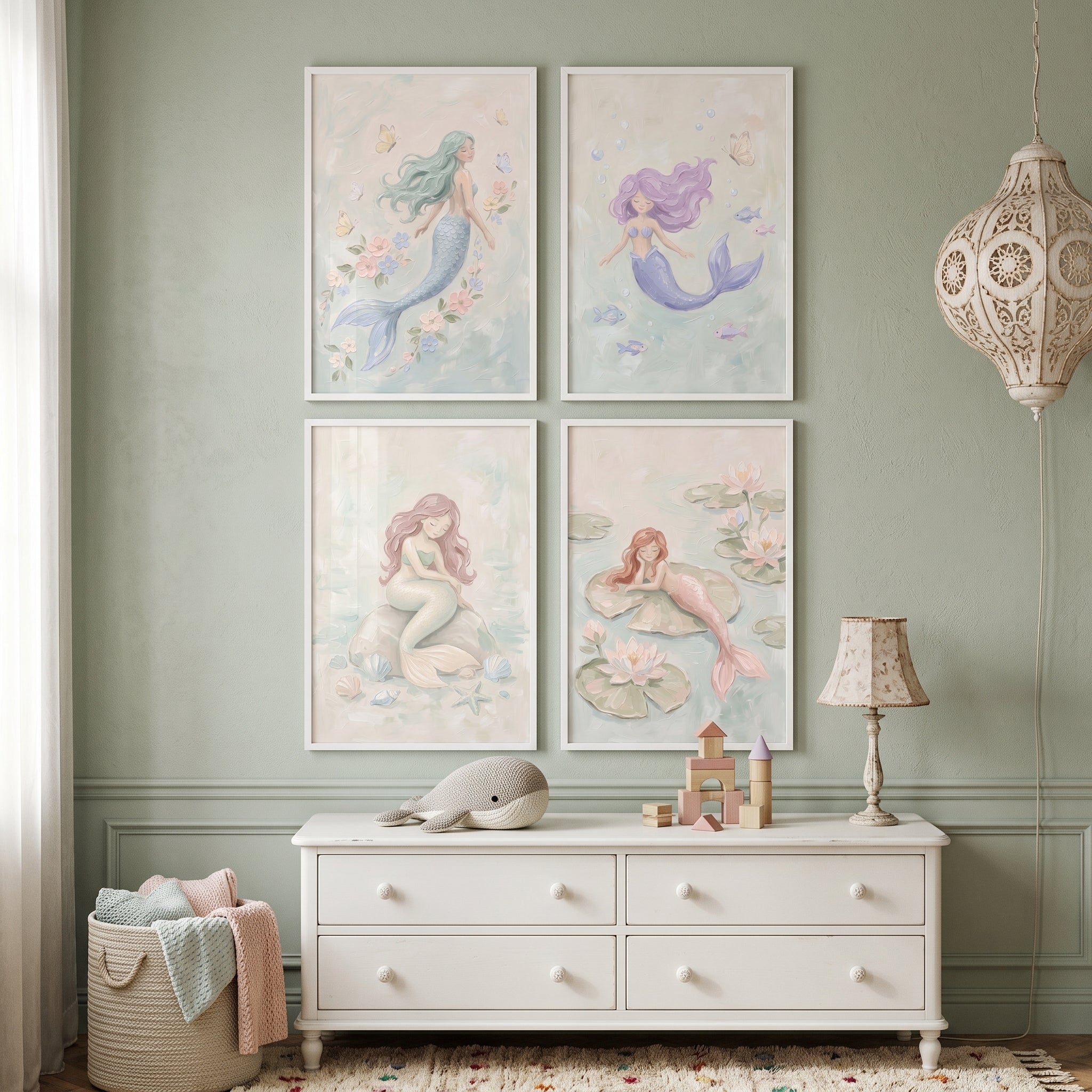 Dreamy Whimsical Pastel Mermaid Wall Art Set of 4 - Whimsical Sea Maidens