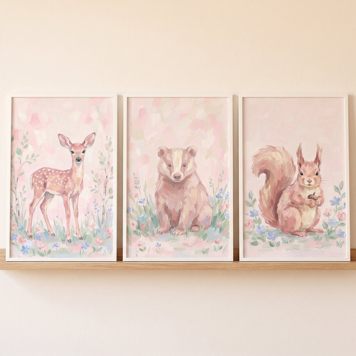 Dreamy Wildflower Forest Animals Wall Art Set of 3 - Blushing Forest Friends