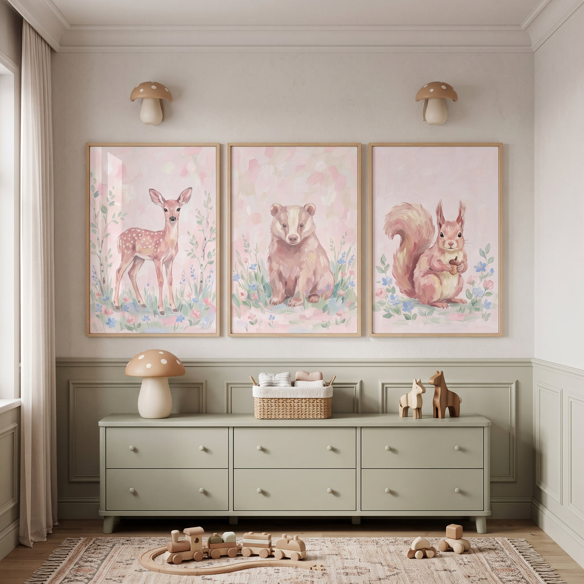 Dreamy Wildflower Forest Animals Wall Art Set of 3 - Blushing Forest Friends