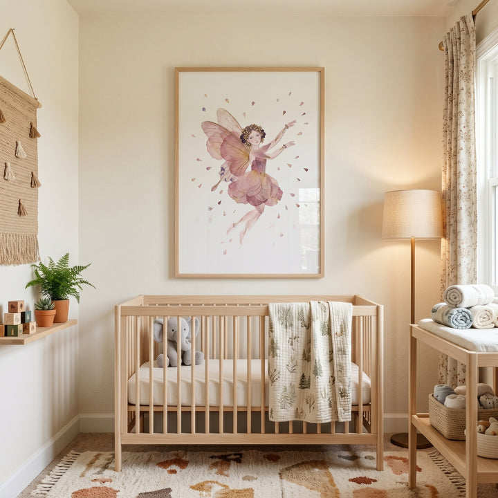 A wooden crib sits below dried petal winged fairy wall art in a neutral nursery with a floor lamp and plush elephant.