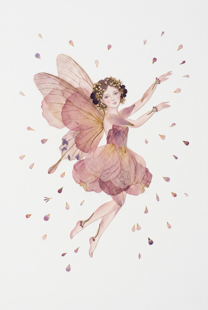 Dried petal winged fairy wall art featuring a figure with translucent floral wings and a layered pink blossom skirt.