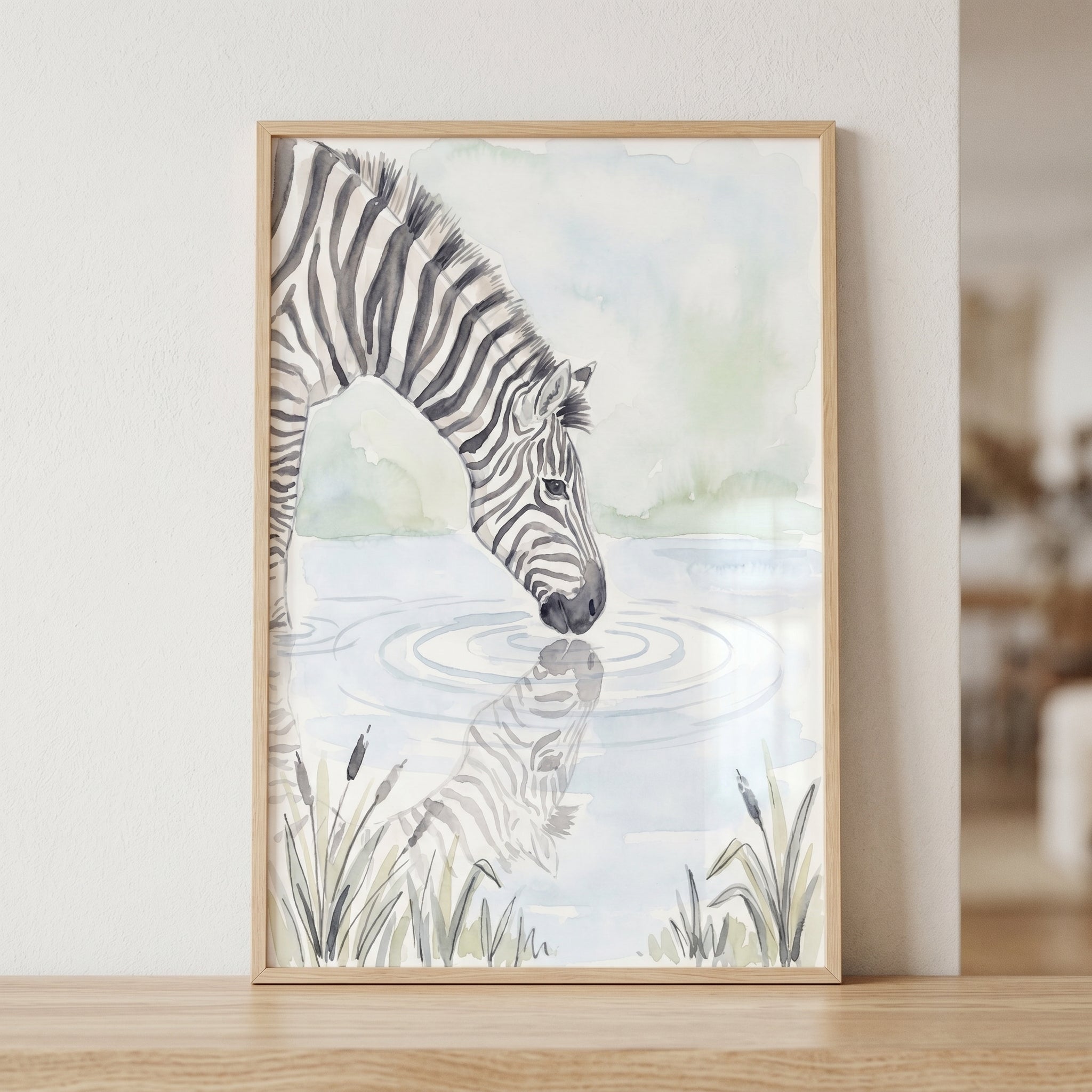 Drinking Savanna Zebra Wall Art - Striped Mirror Reflection