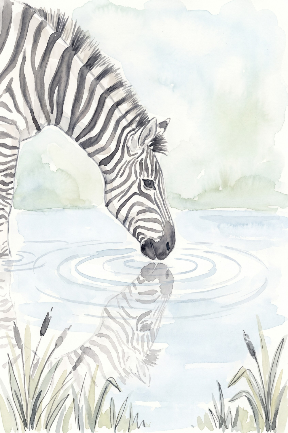 Drinking Savanna Zebra Wall Art - Striped Mirror Reflection