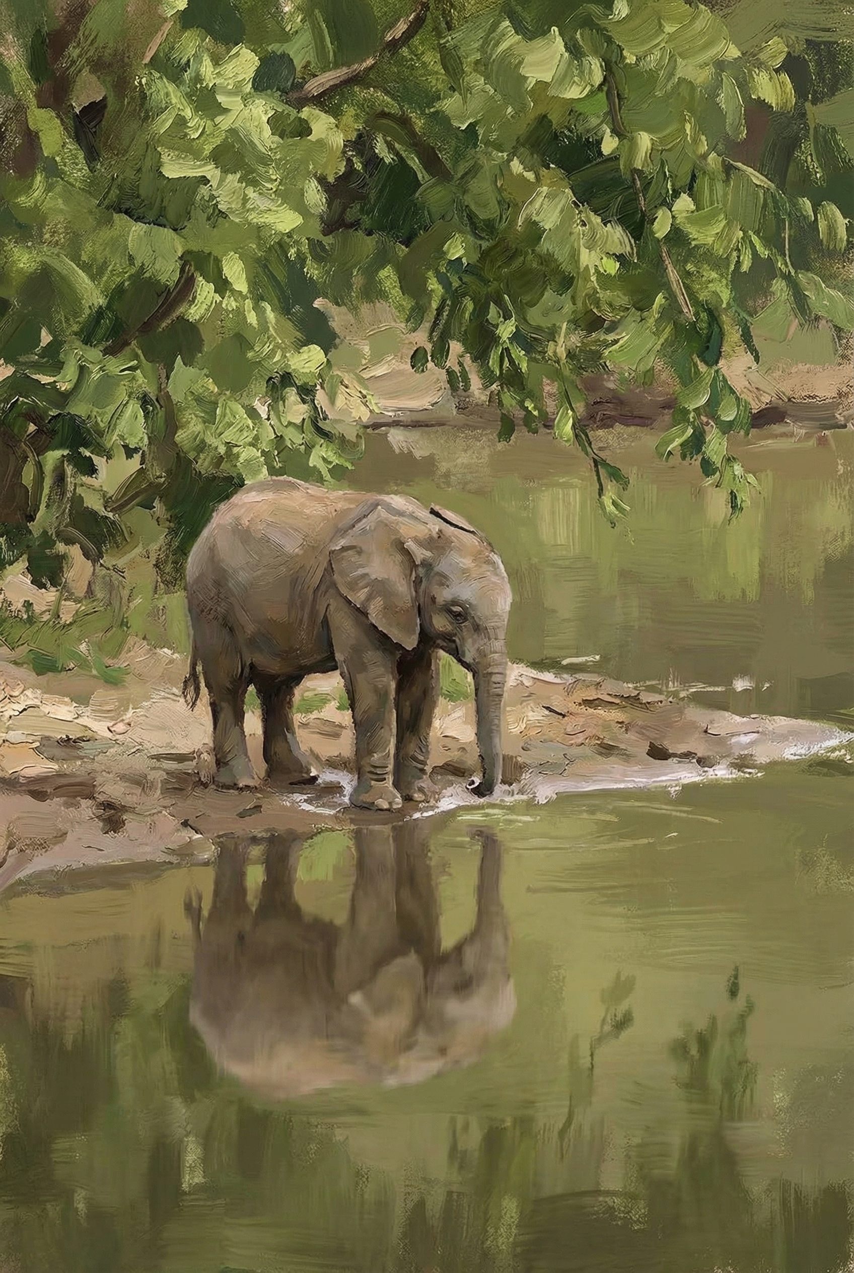 Drinking Water Baby Elephant Wall Art - Gentle River Calf