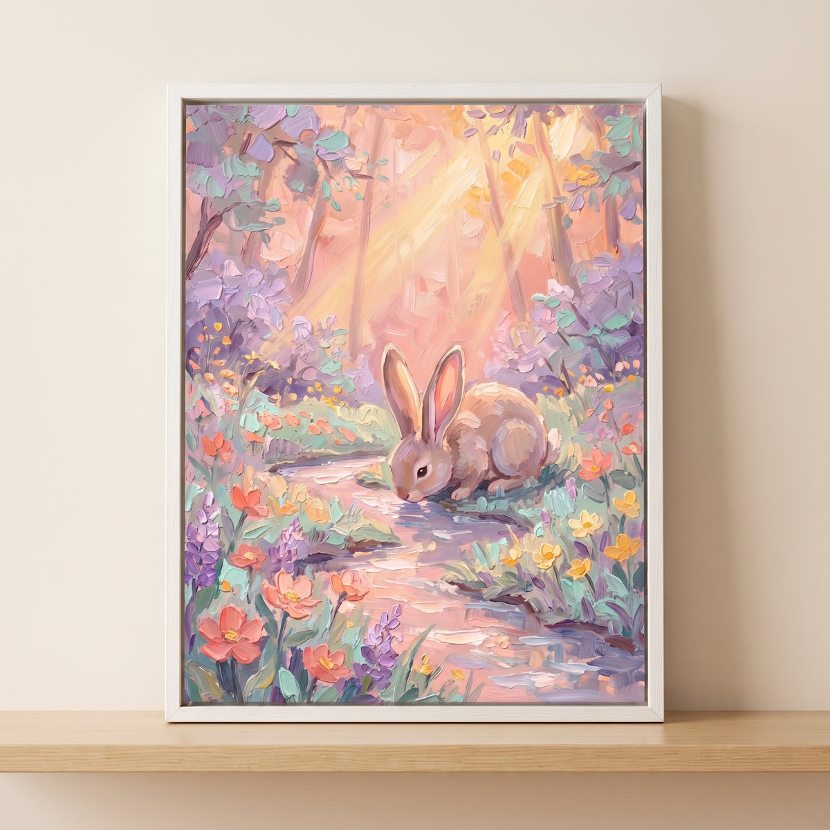 Impressionist drinking water forest bunny wall art featuring a rabbit at a stream in a sunlit, flowery woodland setting.
