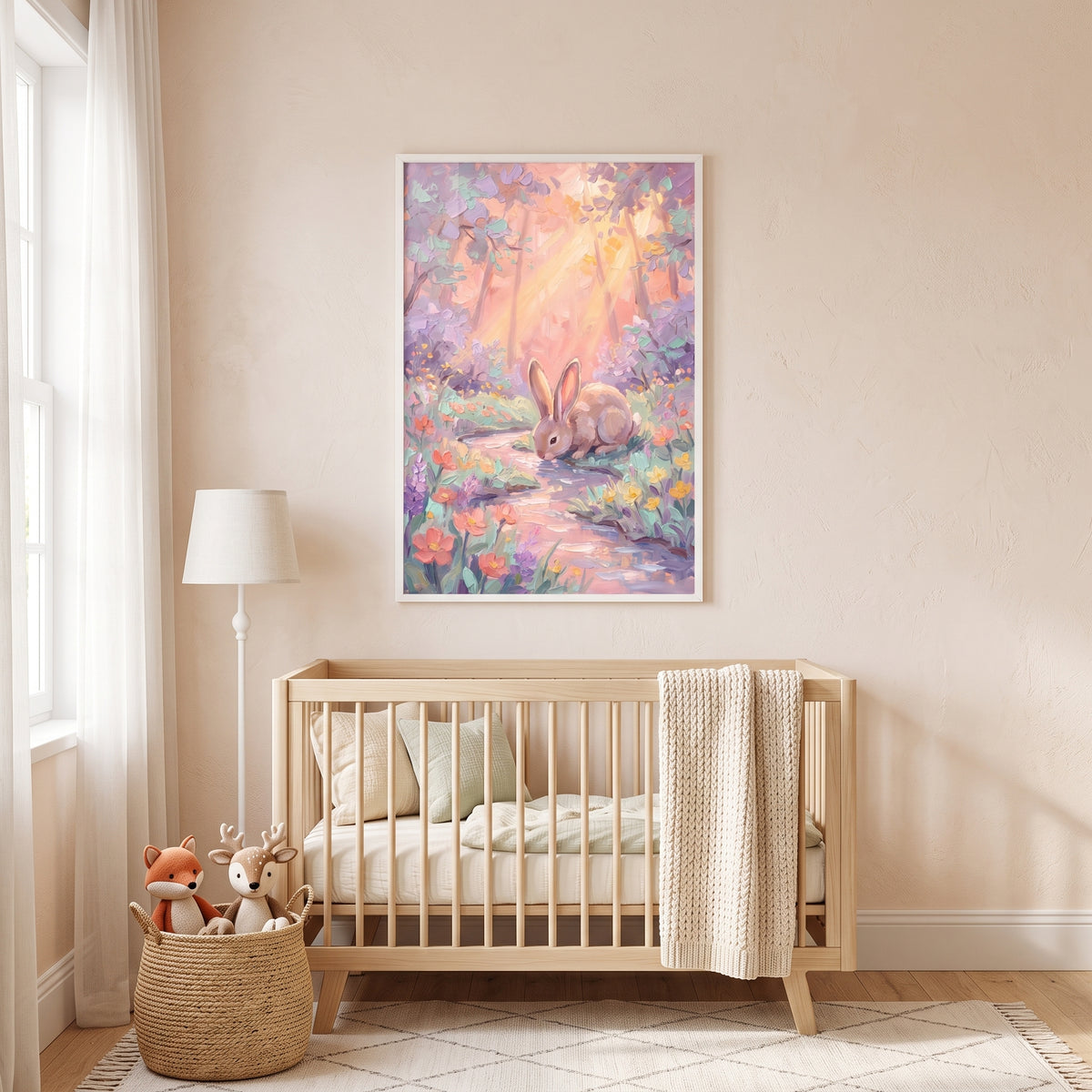 Drinking Water Forest Bunny Wall Art - Pastel Forest Bunny