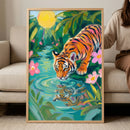A vertical artwork depicts a vibrant, stylized scene of a tiger drinking from a pool of water in a lush, tropical setting. The tiger, with its bright orange fur and bold black stripes, is shown in profile, leaning down so its nose just touches the water's surface. Concentric ripples spread out from its muzzle, and a clear reflection of its face is visible in the teal and blue water.
