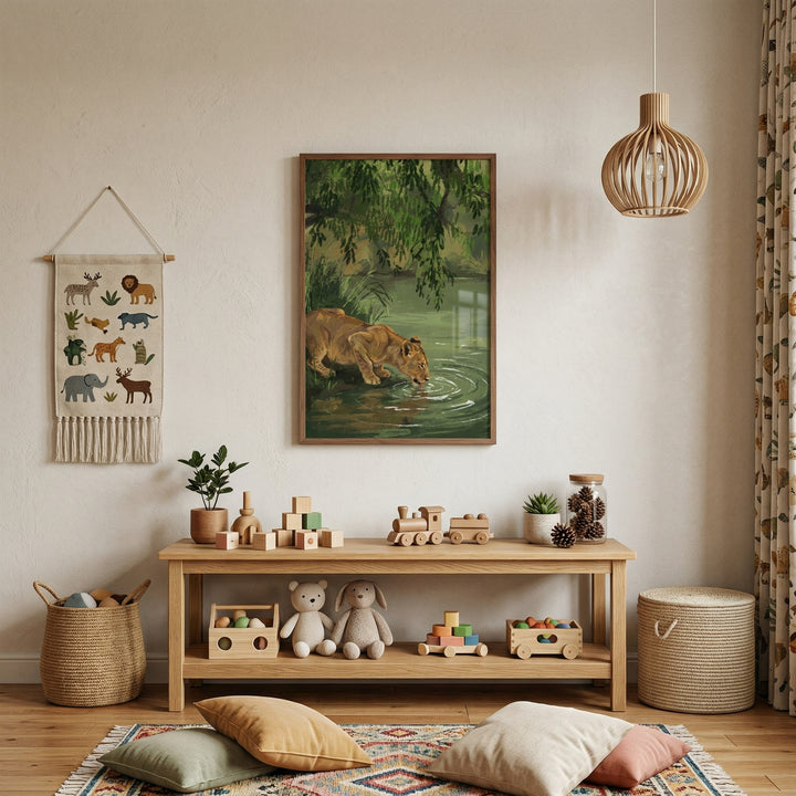 A serene and organized children's room features a neutral color palette with natural wood accents. On the wall, a large, framed piece of artwork displays a lioness drinking from a pond in a lush jungle setting. To the left is a fabric wall hanging with small illustrations of various animals. Beneath these, a two-tiered light-wood shelving unit holds an array of wooden toys, including building blocks, a train, and a stacker, as well as two neutral-toned plush toys and small potted plants. A wooden slatted pe