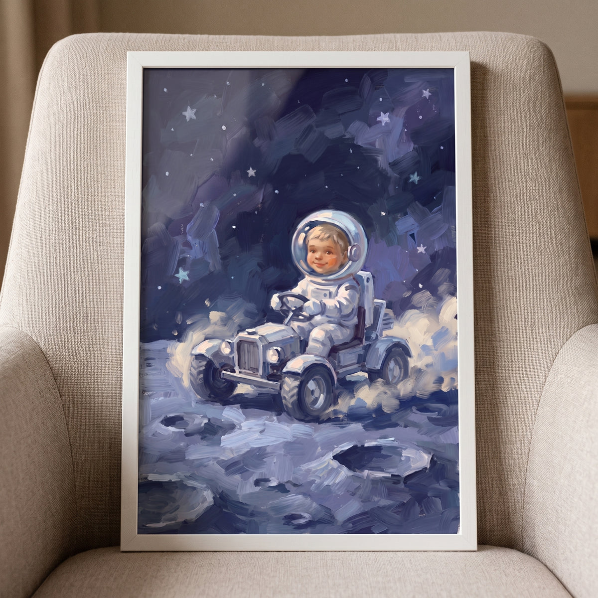 Framed driving moon rover astronaut wall art depicts a child in a spacesuit on the lunar surface under a starry sky.