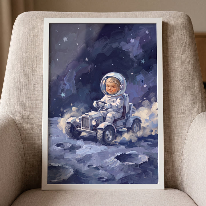 Framed driving moon rover astronaut wall art depicts a child in a spacesuit on the lunar surface under a starry sky.
