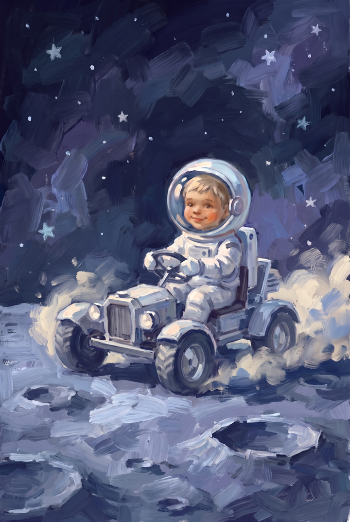 Young astronaut in a spacesuit driving moon rover astronaut wall art on the lunar surface under a starry sky.