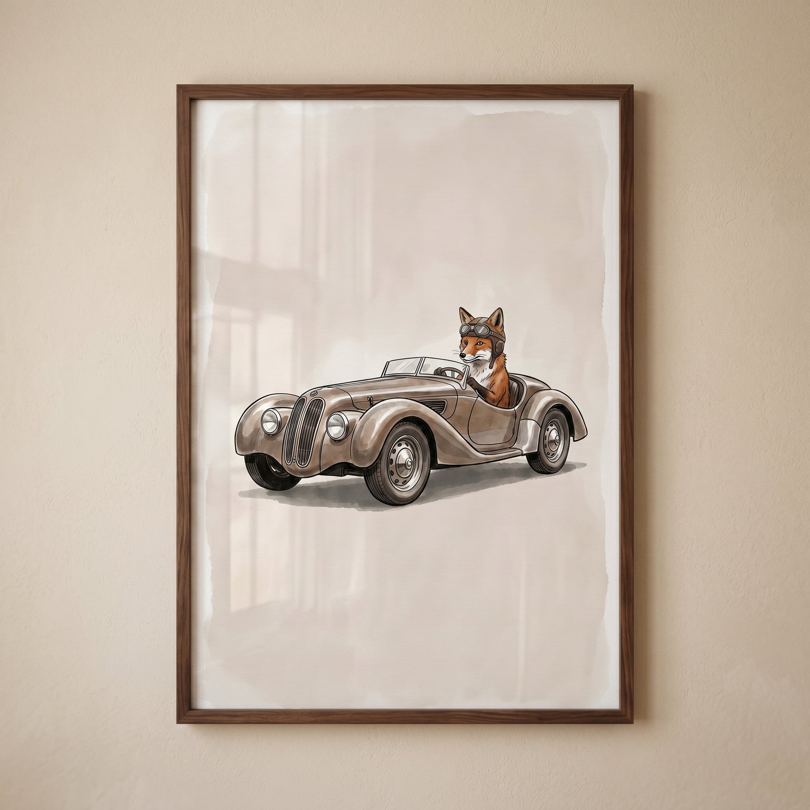 A fox in goggles steers a brown classic roadster in this framed driving vintage car fox wall art.