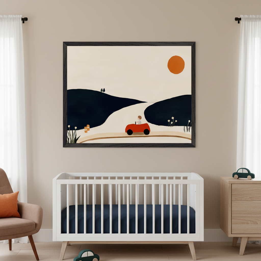 Modern nursery with a white crib, a wooden dresser, and an armchair. A large framed print hangs above the crib, depicting a minimalist landscape with a person in a red car on a winding road, dark hills, and an orange sun.