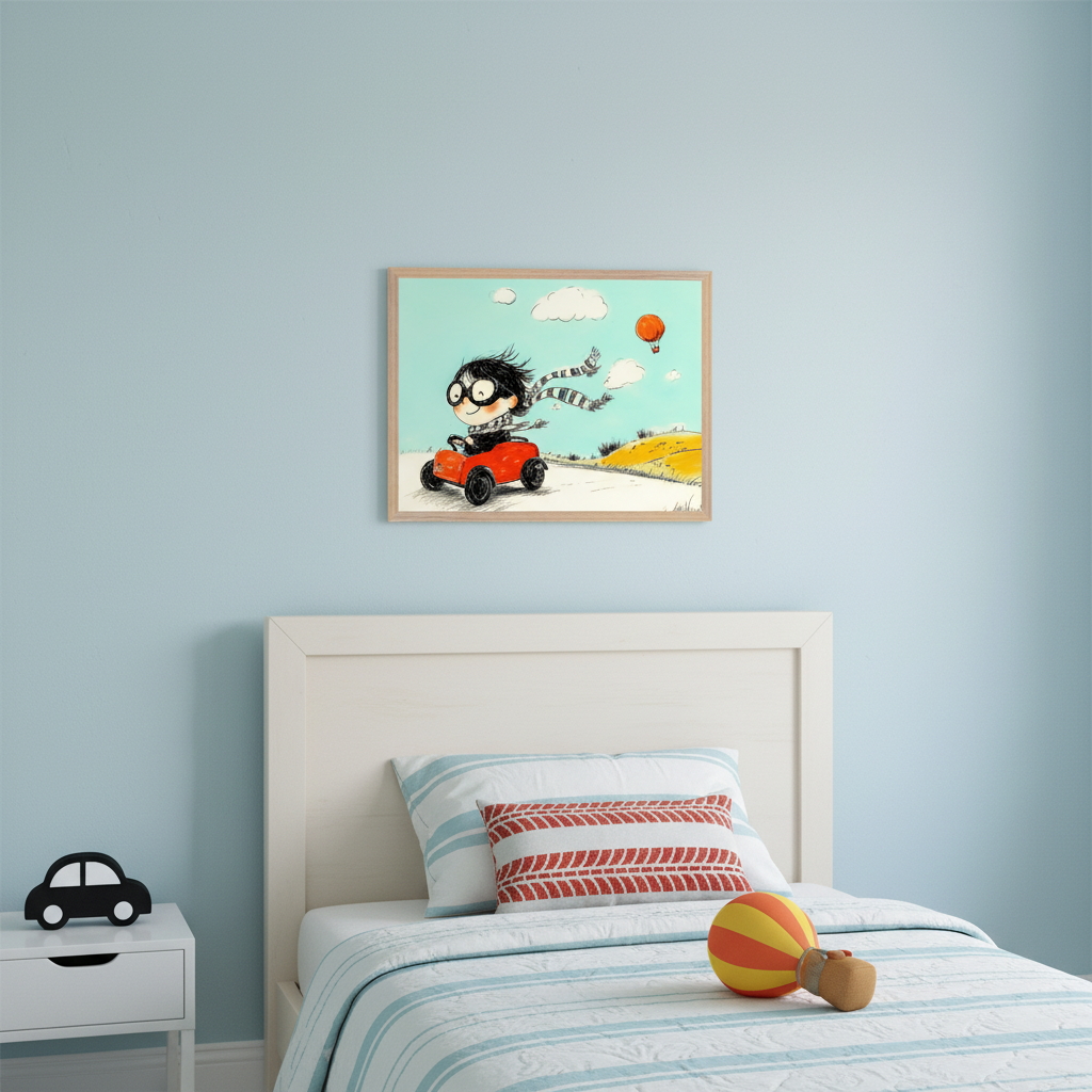 Kid's bedroom with light blue walls and a white bed. A framed whimsical illustration of a person with goggles and a striped scarf driving a red car on a road, with a hot air balloon, hangs above the bed. A white nightstand is to the left.