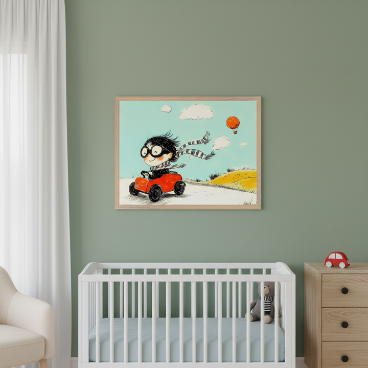 Modern nursery with a white crib, light wood dresser, and cream armchair. A framed cartoon-style illustration of a boy in a red car with a striped scarf and goggles, under a hot air balloon, hangs centered above the crib.