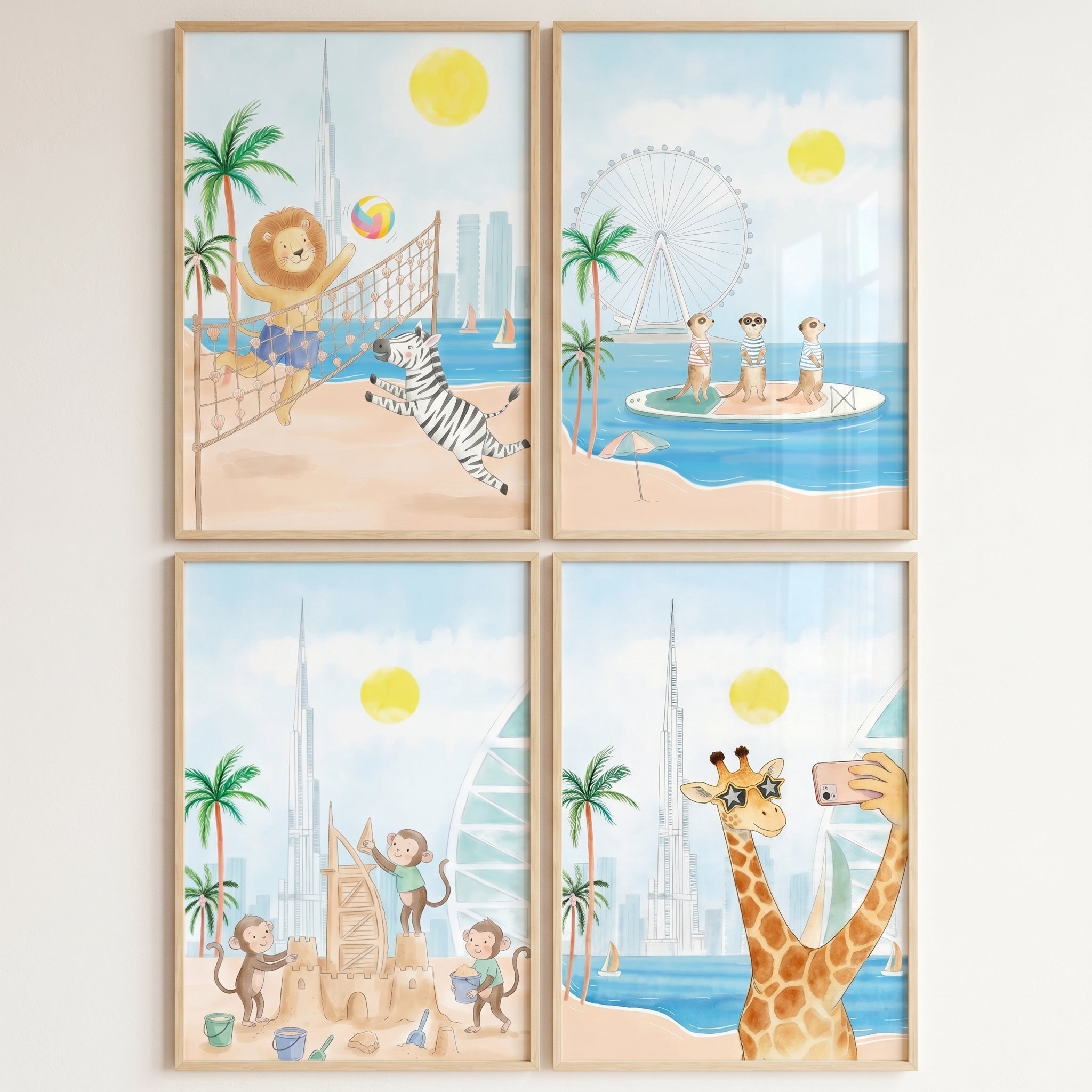Dubai Beach Animals Wall Art Set of 4 - Coastal Safari Fun