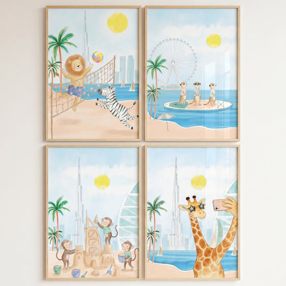 Dubai beach animals wall art set of 4 featuring a lion, zebra, meerkats, monkeys, and giraffe enjoying city beach scenes.