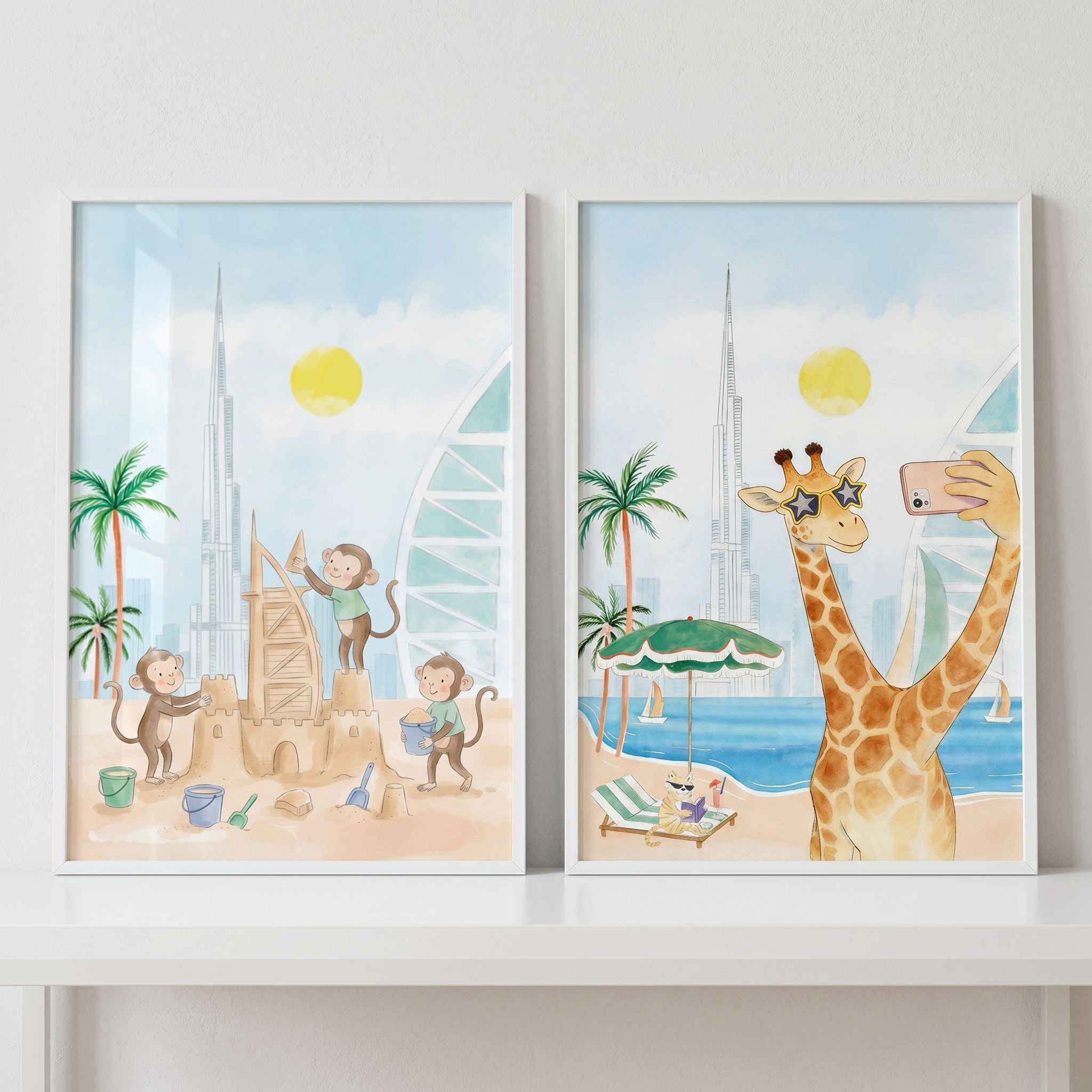 Dubai Beach Safari Animal Wall Art Set Of 2 - Tropical Beach Safari