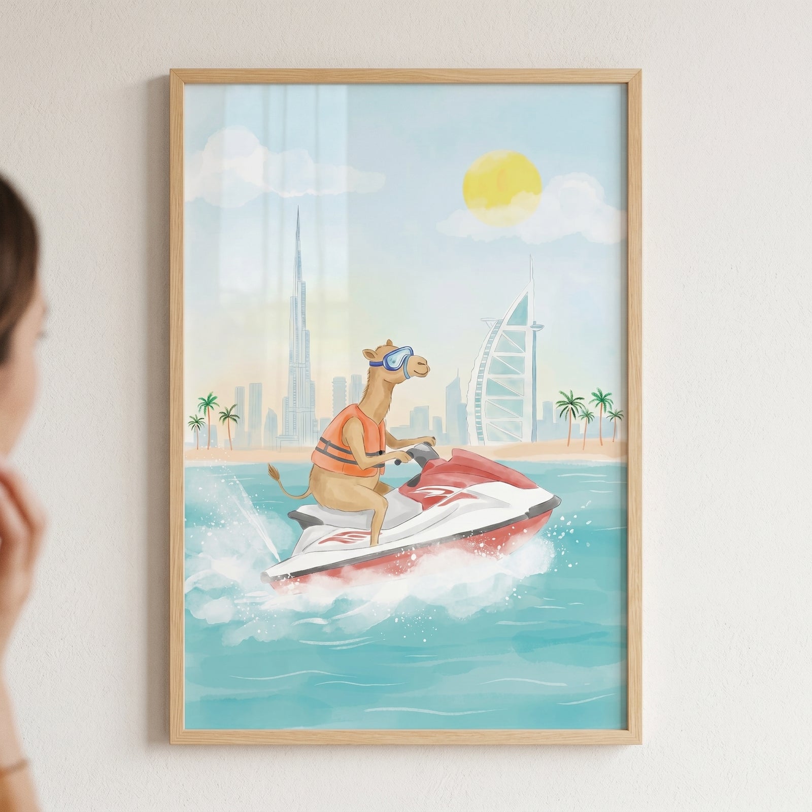 A camel in a life vest and goggles rides a jet ski past a city skyline in this dubai jet ski camel wall art.