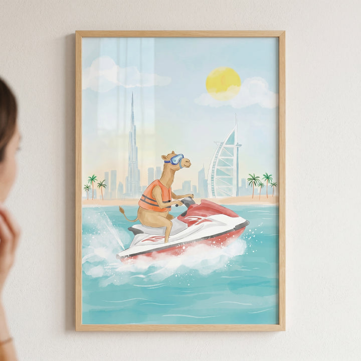 A camel in a life vest and goggles rides a jet ski past a city skyline in this dubai jet ski camel wall art.