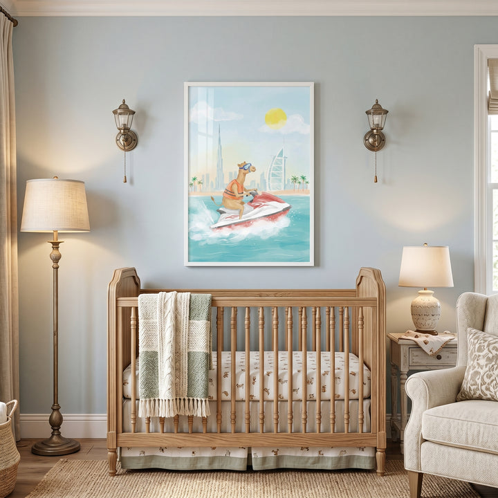 A nursery with a wooden crib and dubai jet ski camel wall art, flanked by wall sconces near an armchair and floor lamp.