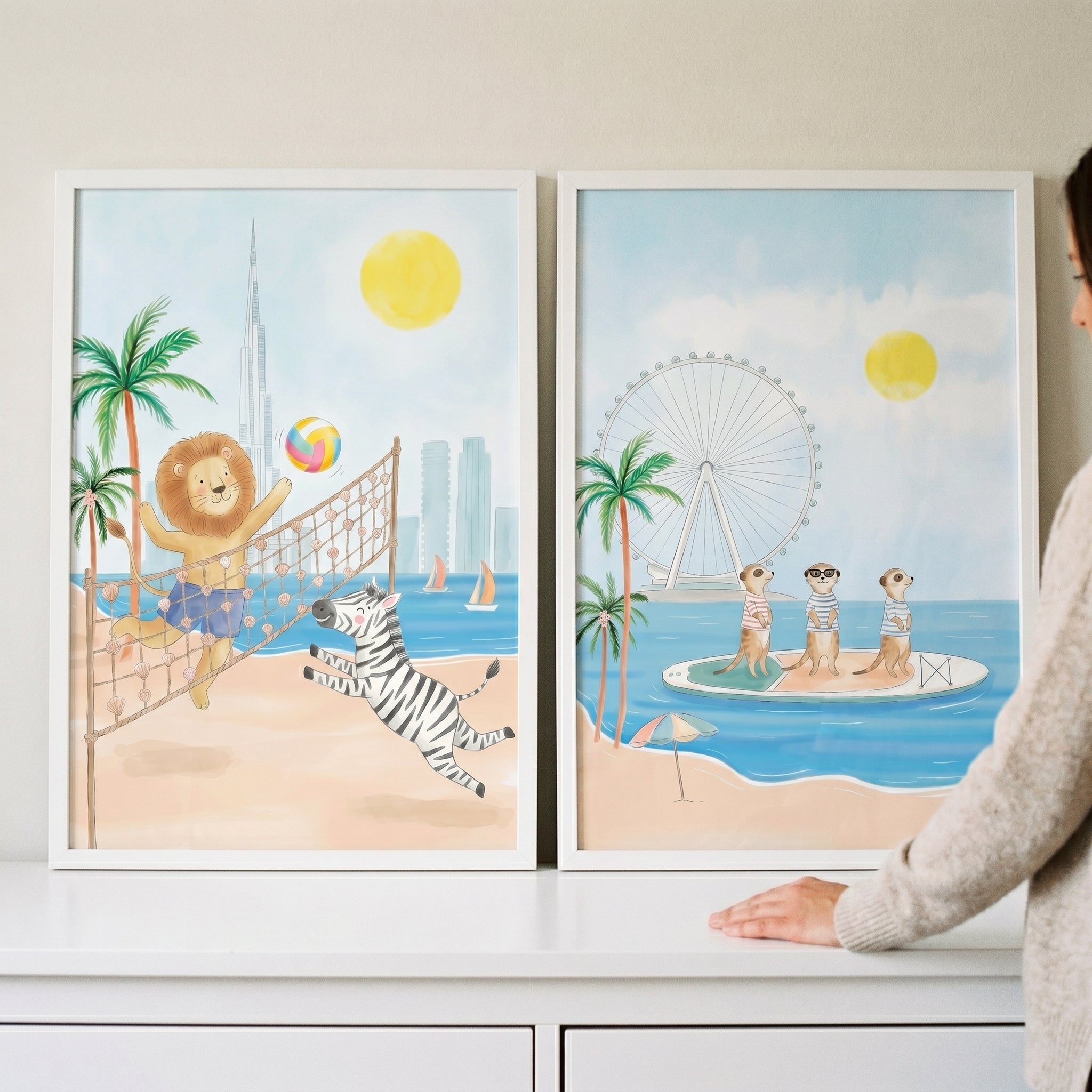 Dubai Safari Animals Wall Art Set Of 2 - Sunny Safari Shores