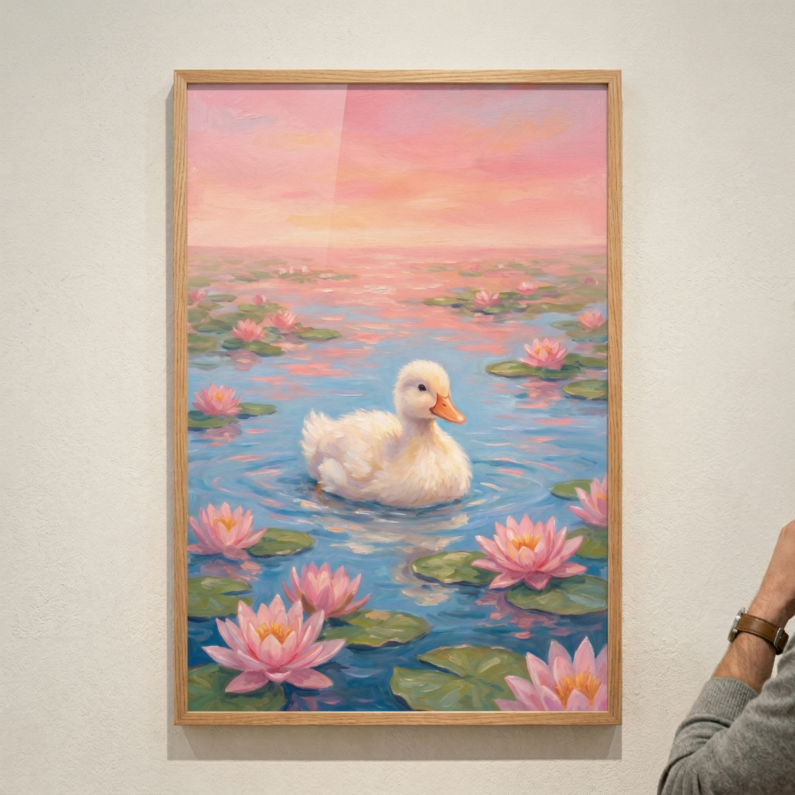 A framed illustration depicts a fluffy white duckling floating in a serene pond. Pink water lilies with yellow centers and green lily pads dot the blue water, creating gentle ripples around the bird. The background features a soft, hazy sunset with shades of pastel pink and warm orange. The overall style uses visible brushstrokes for a soft, dreamy appearance. A hand wearing a wristwatch is visible at the edge of the frame, showing the artwork hanging on a neutral-toned wall.