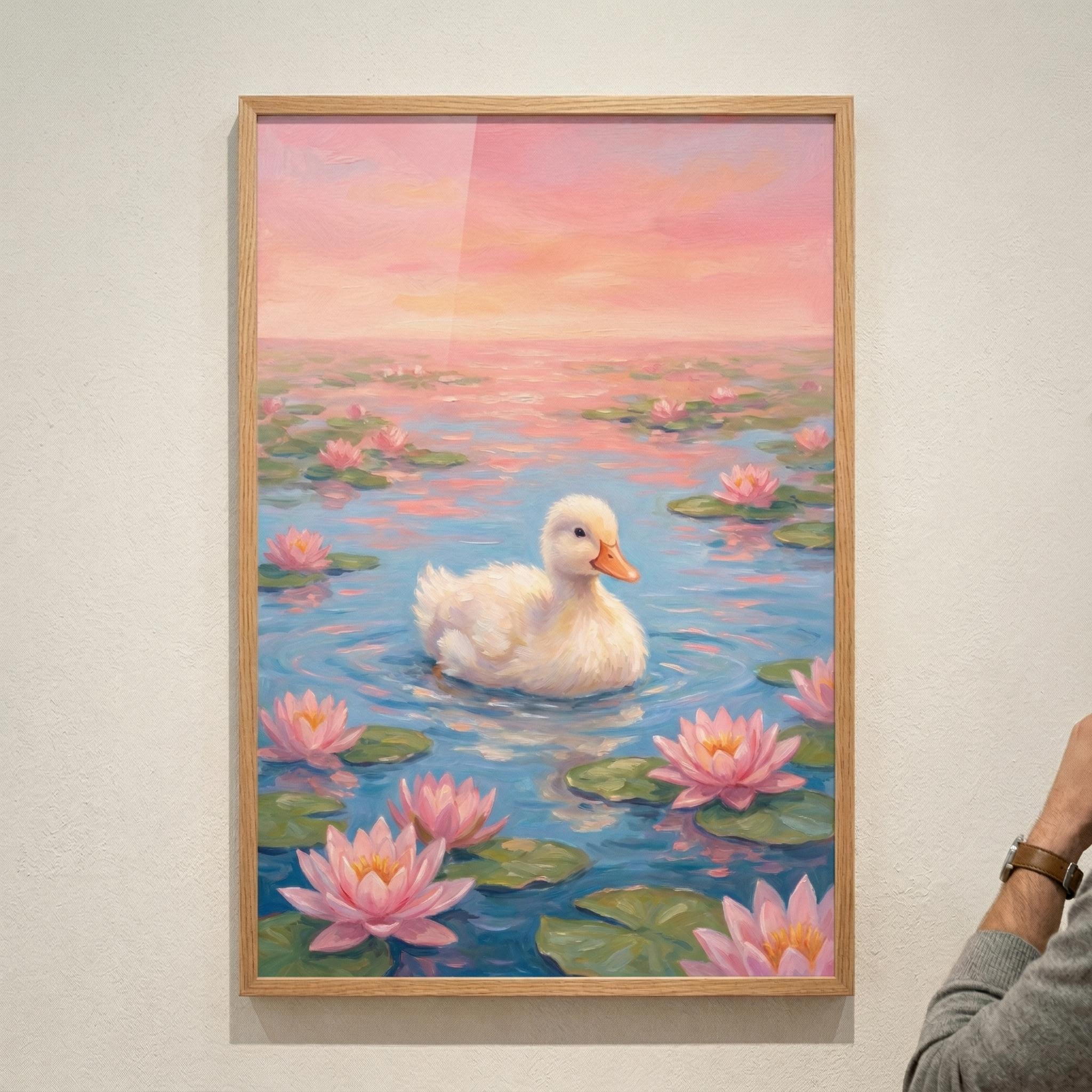 Duck And Pink Lotus Flower Pond Wall Art - Serene Lily Float