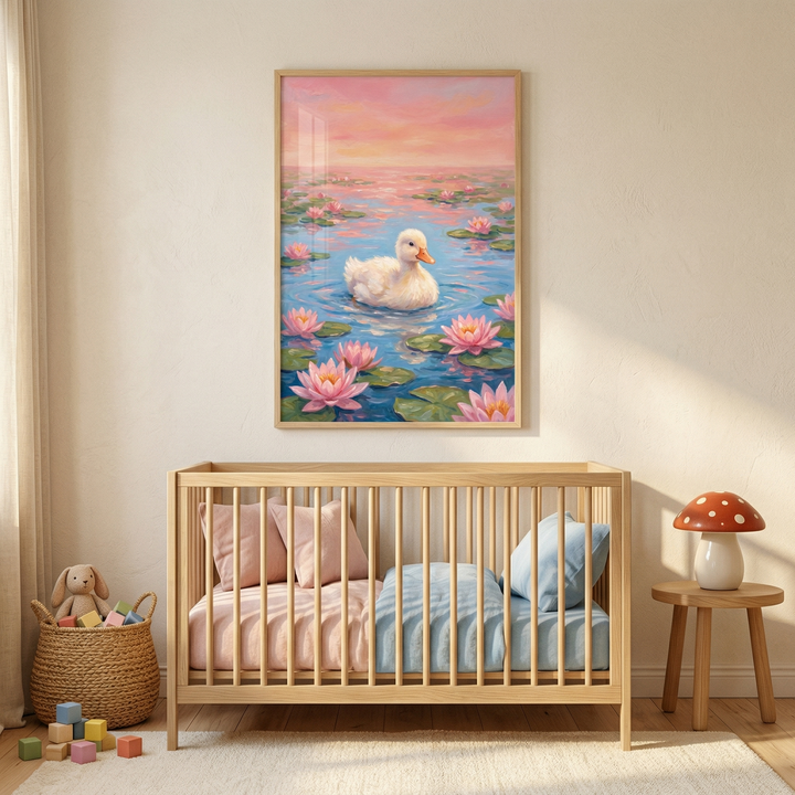 A vertical framed piece of art hangs on a cream-colored wall, depicting a soft white duckling floating on calm blue water. The duckling is surrounded by vibrant pink water lilies and green pads, set against a serene background of a pastel pink and orange sunset sky. 
Below the art sits a natural wood-finish crib. The bedding inside is divided into two halves, with light pink sheets and pillows on the left and pale blue sheets and a pillow on the right. 
