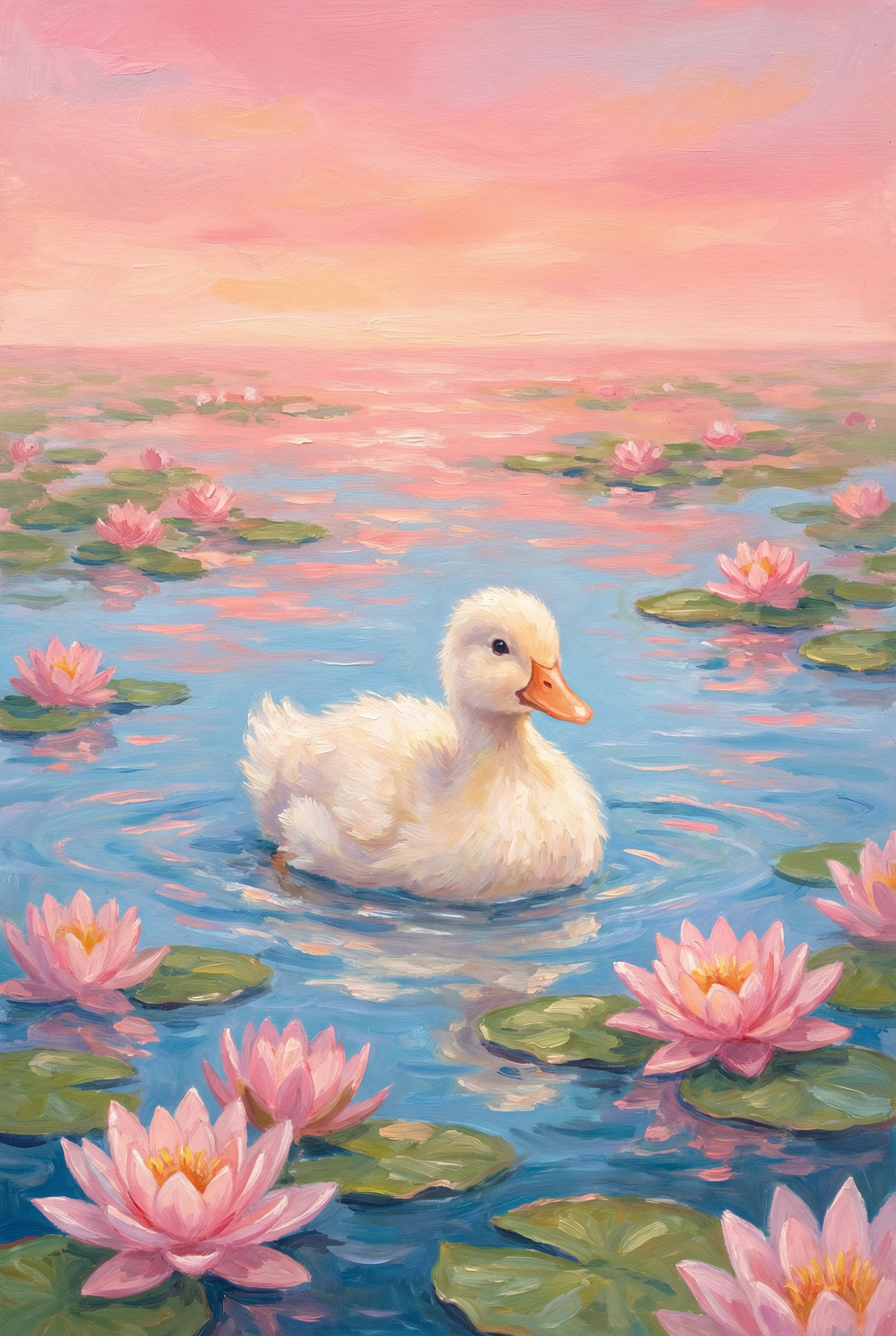 Duck And Pink Lotus Flower Pond Wall Art - Serene Lily Float