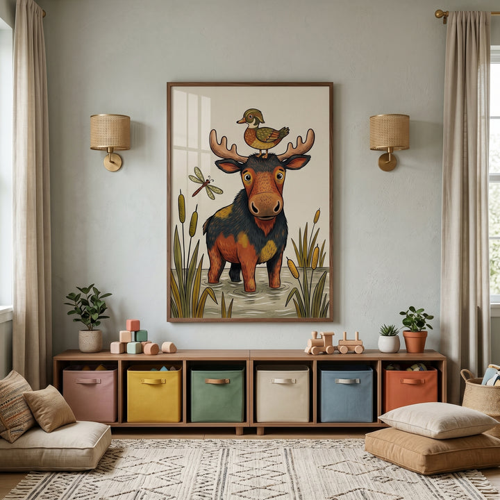 Duck on head moose animals wall art hangs in a nursery above a wooden shelf with colorful storage bins and floor cushions.