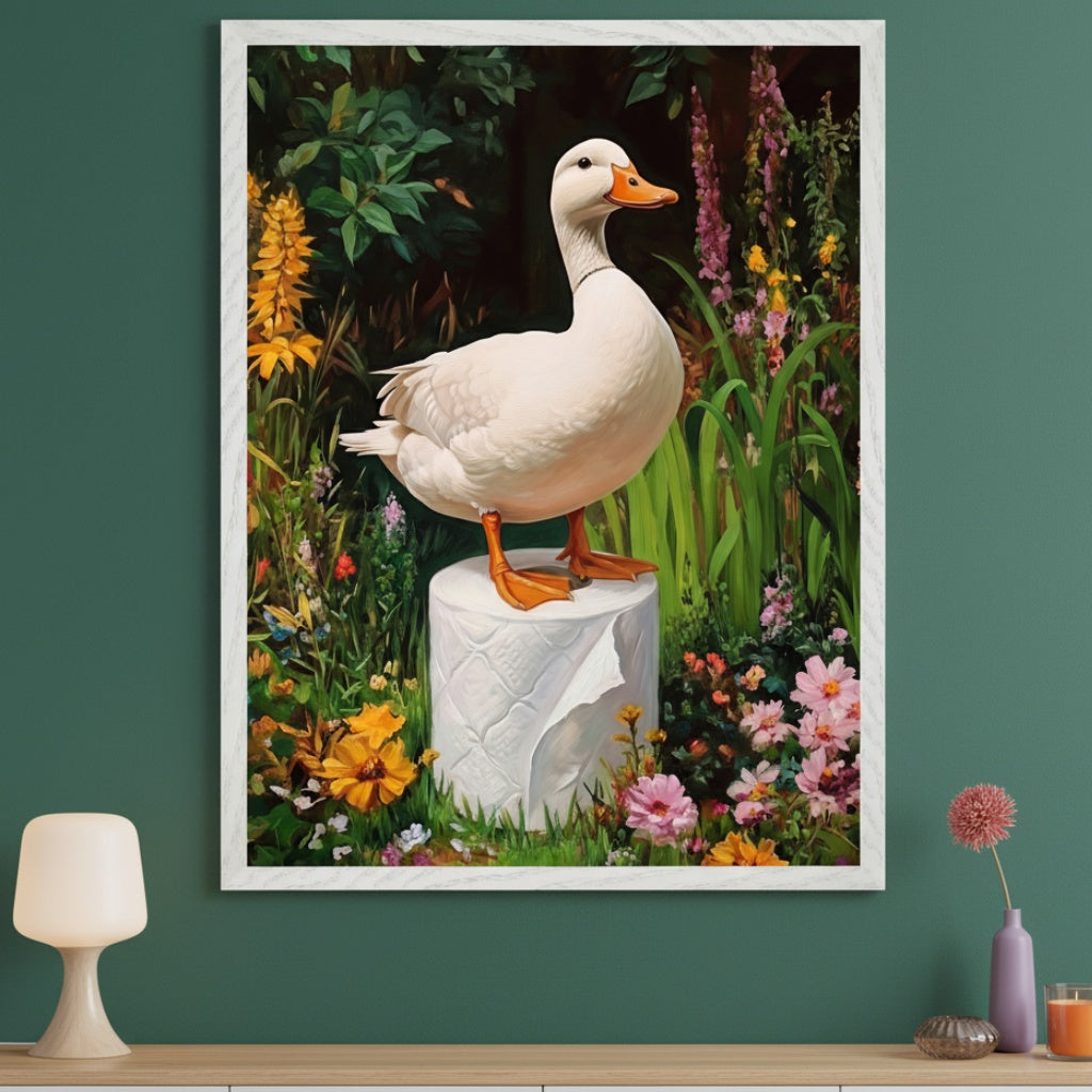 Modern green room with a light wood table. A framed painting of a white duck standing on a toilet paper roll in a vibrant garden hangs above the table. A lamp and vase are on the table.