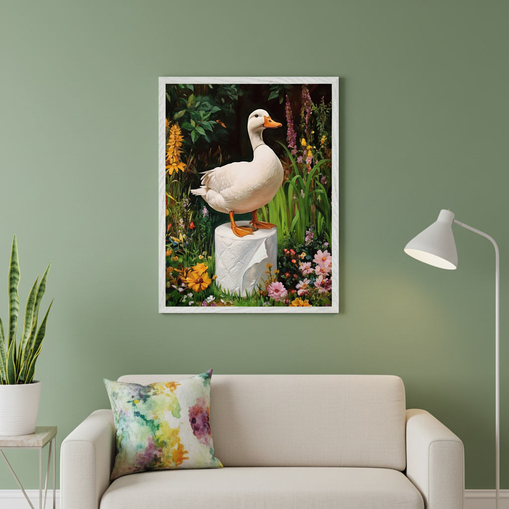 Modern living room with a light-colored sofa and a colorful cushion. A large framed painting of a white duck standing on a roll of toilet paper amidst a vibrant garden hangs above the sofa.