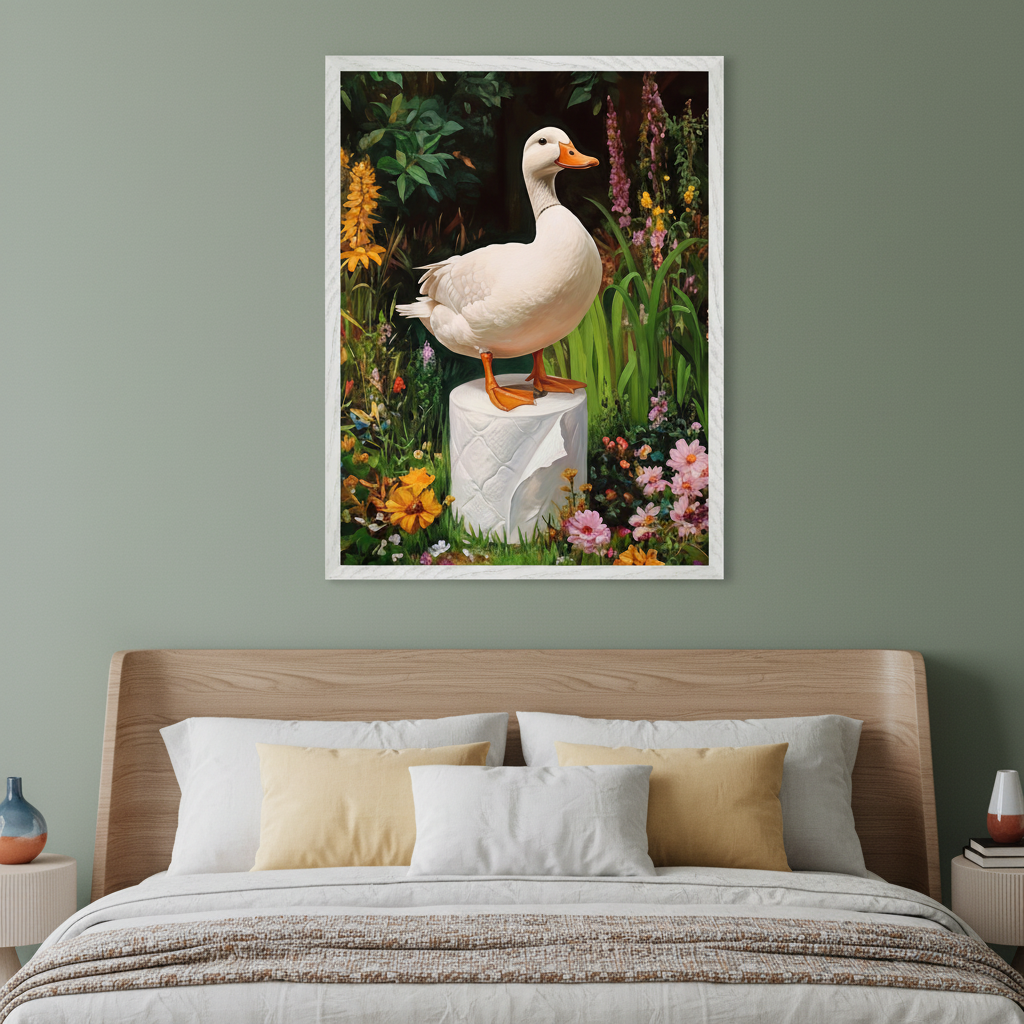 Modern bedroom with a light wood bed and white/yellow pillows. A framed painting hangs above the bed, depicting a white duck standing on a toilet paper roll in a vibrant garden scene with various flowers and foliage.