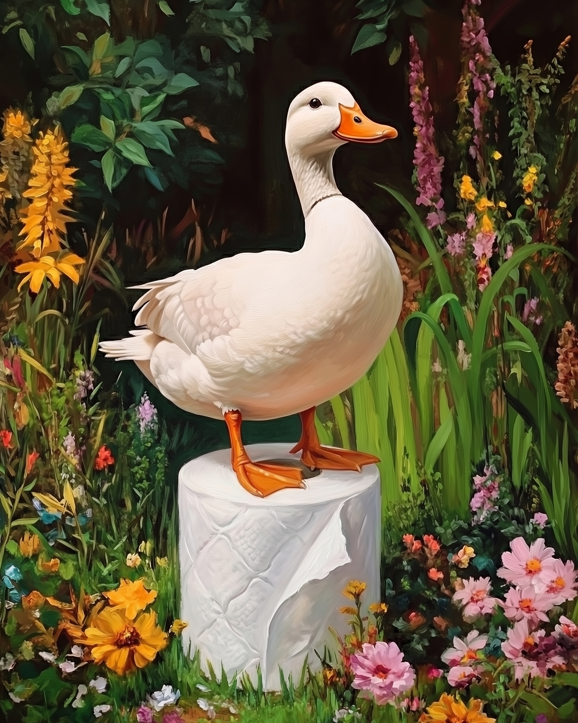A white duck confidently stands on a large roll of toilet paper surrounded by colorful wildflowers and lush greenery. The scene combines surreal humor with a picturesque garden setting.
