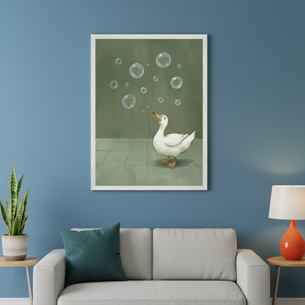 Modern living room with a light gray sofa and two end tables. A framed illustration of a white duck looking up at bubbles inside a green room with tiled floor hangs centered on a blue wall above the sofa. A dark teal pillow and an orange lamp are visible.