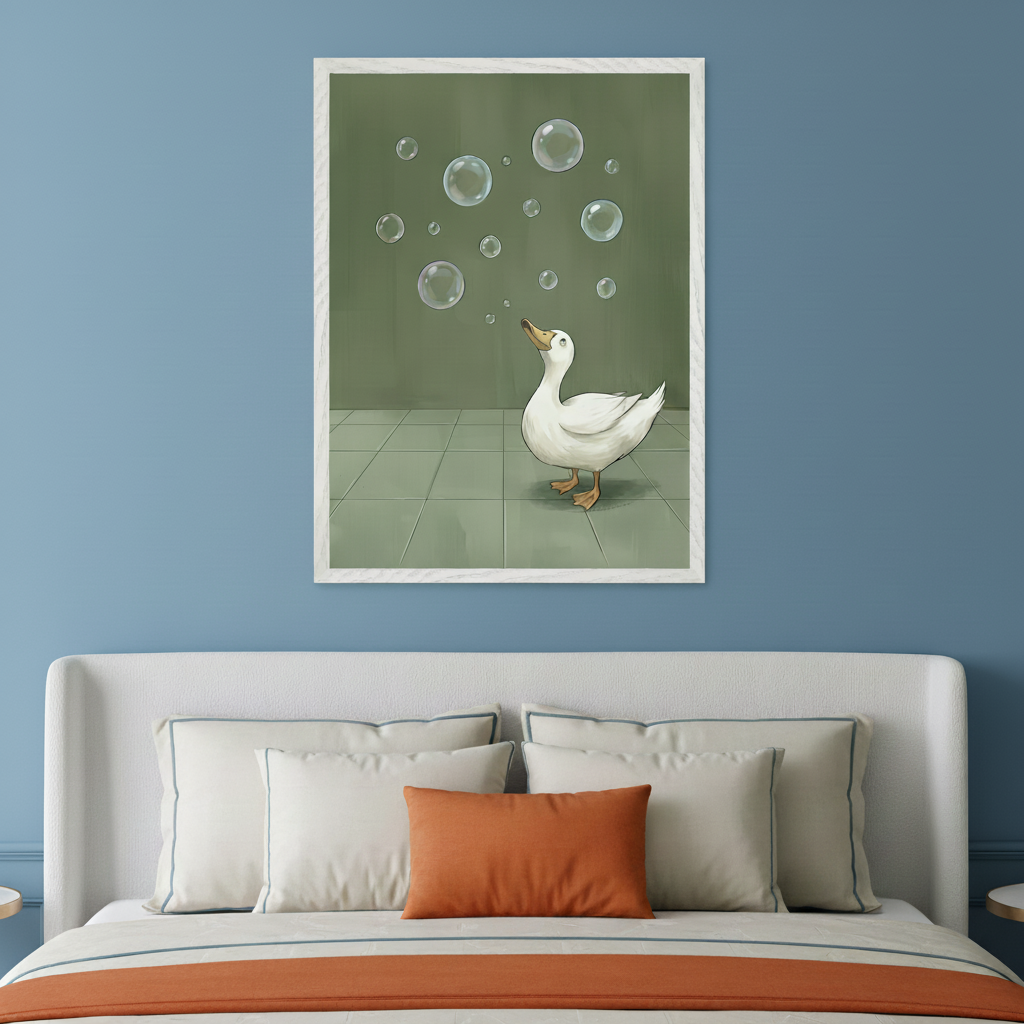 Modern bedroom with a white upholstered bed and orange accents. A framed illustration of a white duck looking at bubbles on a green background hangs centered above the bed.