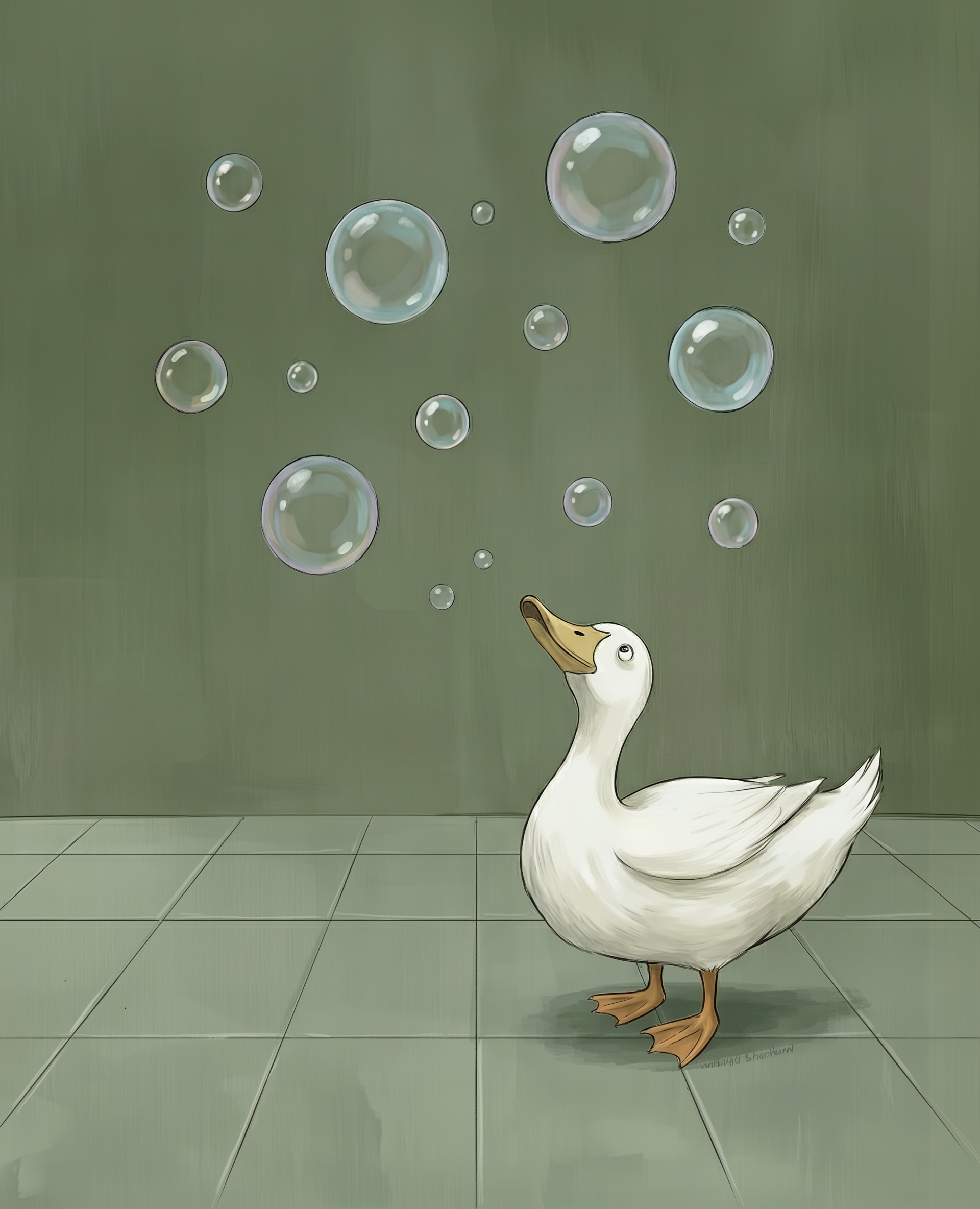 An illustrated white duck stands on tiled flooring and gazes up at a cluster of soap bubbles floating above. The soft green background adds a peaceful and whimsical touch.

