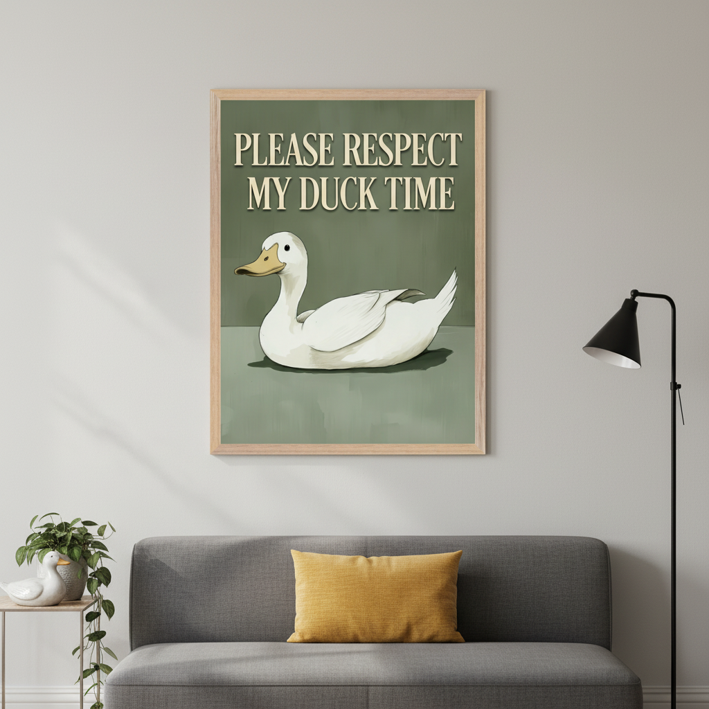 Modern living room with a gray sofa. A large framed print of a white duck on a green background with text 'PLEASE RESPECT MY DUCK TIME' hangs centered above the sofa. A side table with a plant and duck figurine, and a black floor lamp are visible.