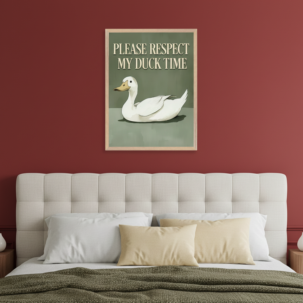 Modern bedroom with a red wall and a bed with a tufted headboard. A framed poster with "PLEASE RESPECT MY DUCK TIME" text and a white duck illustration hangs above the bed.