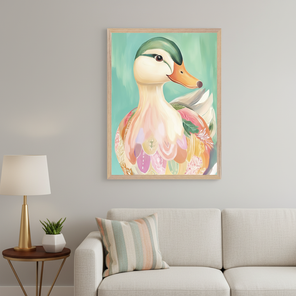 Living room with a light beige sofa and a side table. A large framed painting of a colorful, stylized duck with a green head and patterned body on a teal background hangs above the sofa. A striped pillow rests on the sofa.