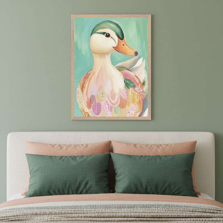 Modern bedroom with a sage green wall and an off-white upholstered bed. A framed painting of a stylized duck with colorful, patterned plumage on a turquoise background hangs centered above the bed. Peach and dark green pillows are on the bed.