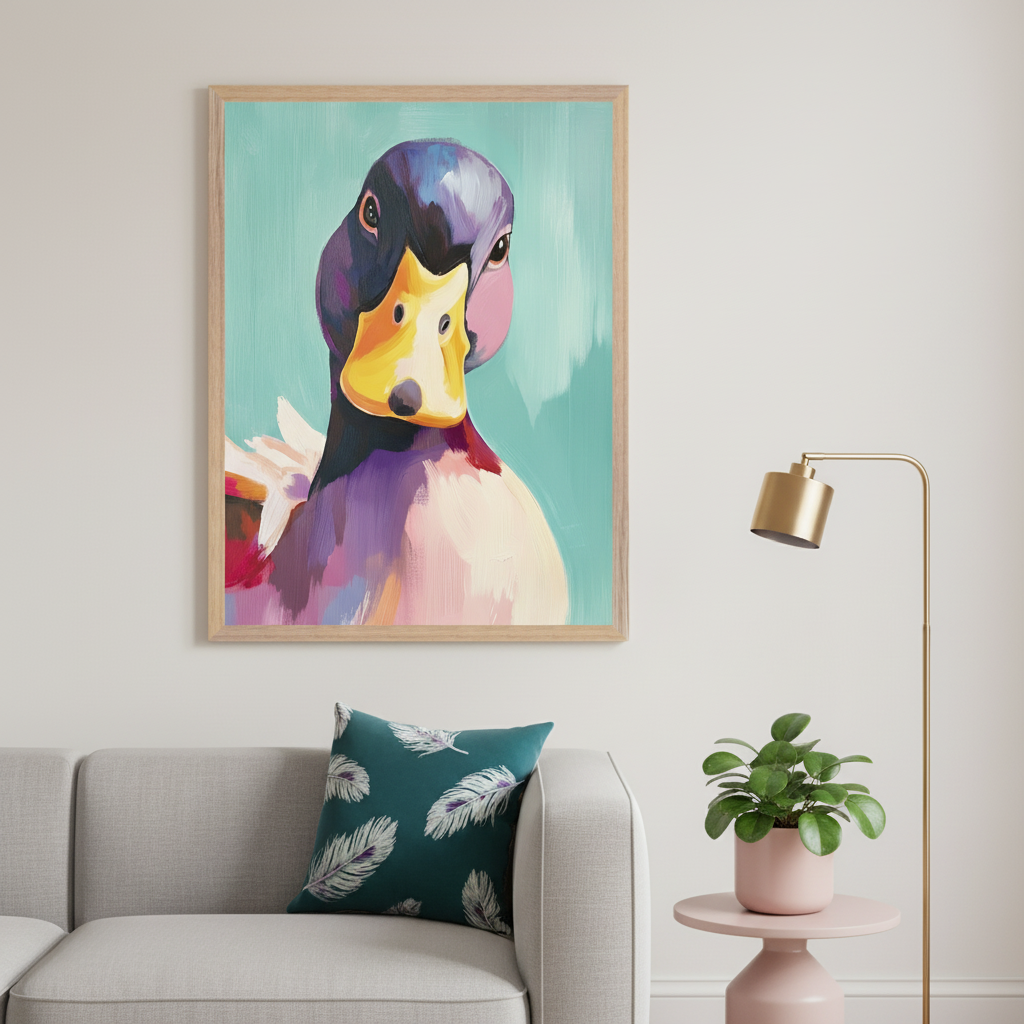Modern living room with a light grey sofa. A large framed painting of a colorful duck in a vibrant, painterly style with a teal background hangs above the left side of the sofa. A pink side table with a plant and a brass floor lamp are to the right.