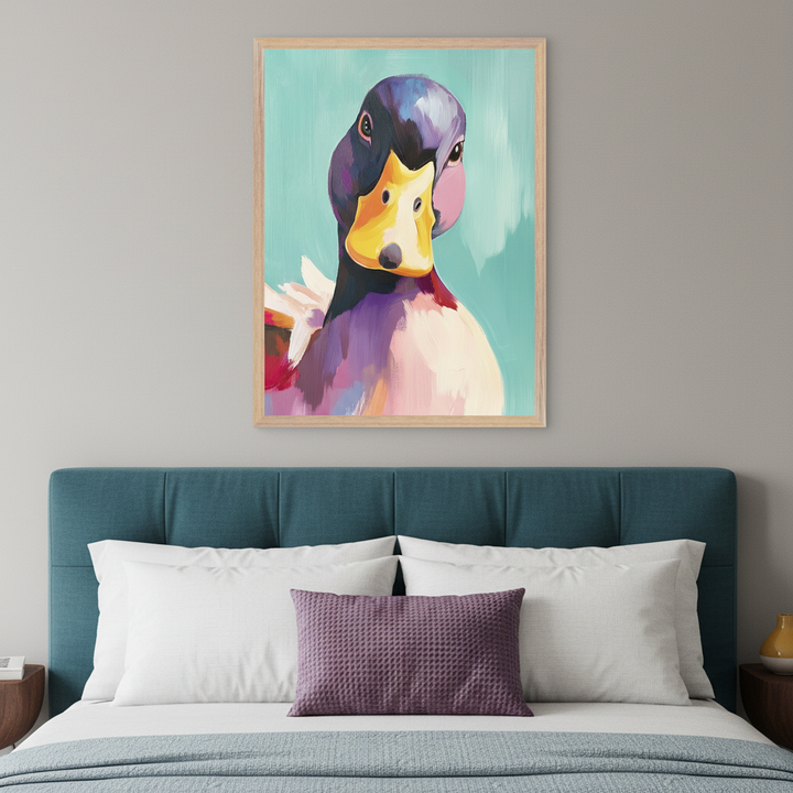 Modern bedroom with a teal upholstered headboard bed and white pillows. Above the bed hangs a framed painting of a colorful, stylized duck on a teal background, looking forward.