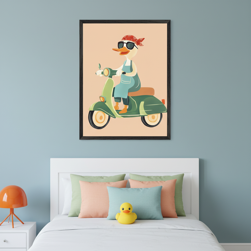 Kid's bedroom with a white bed, headboard, and nightstand with an orange lamp. Centered above the bed, a large framed cartoon print shows a duck in sunglasses and a bandana driving a green scooter on a peach background. A yellow rubber duck rests on the bed.